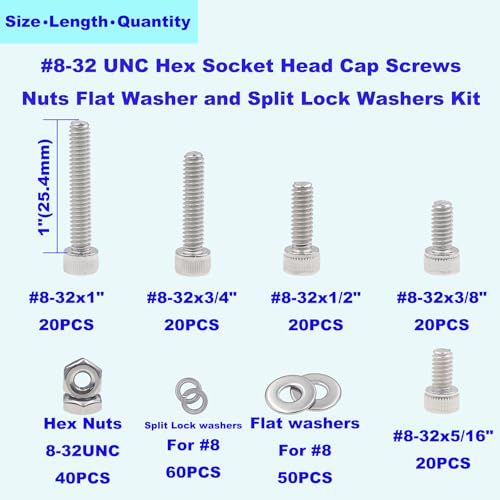 #8-32 UNC Stainless Steel Knurled Hex Socket Cap Screw Nut Washer Kit - size: #8-32UNC