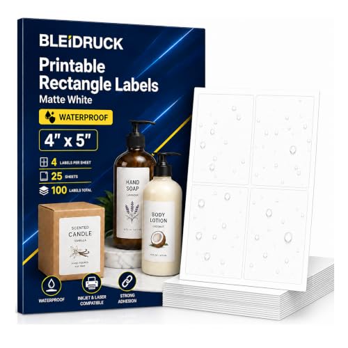 25 Sheets 4" x 5" Matte White Printable Waterproof Vinyl Rectangle Labels - size: 4up- 25 sheets