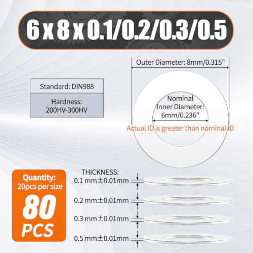 Shim Washer 6 x 8 Precision Spacers Kit 80 Pcs 0.1/0.2/0.3/0.5mm Thick - size: 6 x 8 x 0.1/0.2/0.3/0.5mm