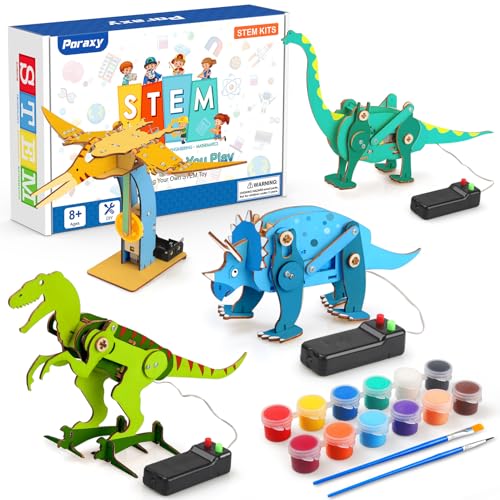 Poraxy Dinosaur Toys, 4 in 1 STEM Kits for Kids Age 8-10, Toys for Ages 8-13, Educational Science Building Projects, 3D Wooden Puzzles Robot Crafts, Gifts for Boys Girls 7 8 9 10 11 12 13 Year Old - size: Dinosaur toys with Paints