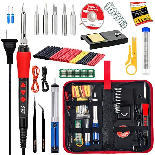Soldering Iron Kit, 60W LED Display Digital Solder Pen, 5 Replaceable Tips, 21-in-1 Fast Heating with Solder Wire, Stand, Desoldering Pump, for Electronics Repair Hobby DIY 120V US Plug from Plusivo - color: Digital Soldering Iron Kit 1