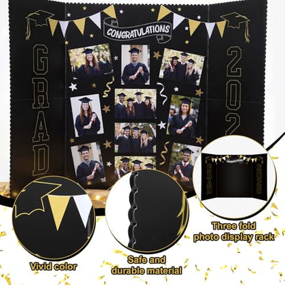 Epakh 2026 Graduation Trifold Poster Board 33 x 20 in Black Gold Senior Night Photo Display Board for Class of 2026 Graduation Photo Frames Picture Display for Grad Party Gift Table Decor