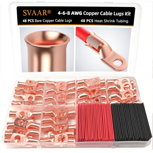 SVAAR 4 6 8 AWG Battery Lugs Heavy Duty Battery Cable Ends, 4 6 8 Gauge UL Listed Cable Lug with 5/16" and 3/8" Ring Terminal, Bare Copper Crimp Connectors Wire Lug with Heat Shrink Tubing - color: Bare Copper