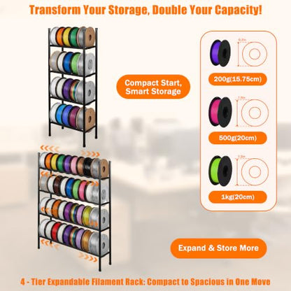 4-Tier 3D Printer Filament Storage Rack, Expandable Spool Organizer - size: 4-Tier