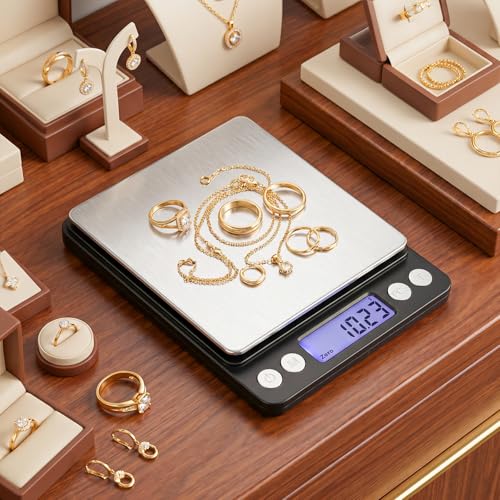 Digital Jewelry Scale, 500g x 0.01g High Precision Gold Scale, Portable Gram Scale with LCD Display, Tare Function, PCS Counting, Professional Small Scale for Jewelers Collectors Pawn Shops