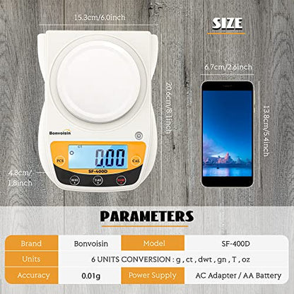 Bonvoisin Digital Lab Scale 600g x 0.01g Precision Electronic Scale LCD Display Analytical Balance Jewelry Scale Scientific Scale 0.01g Accuracy - color: White