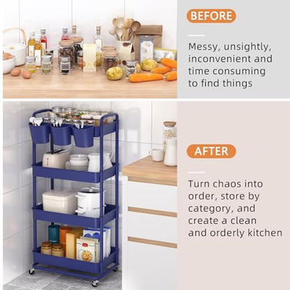 JIUYOTREE 4-Tier Plastic Rolling Storage Cart Utility Cart Blue - color: Blue, size: 4-Tier