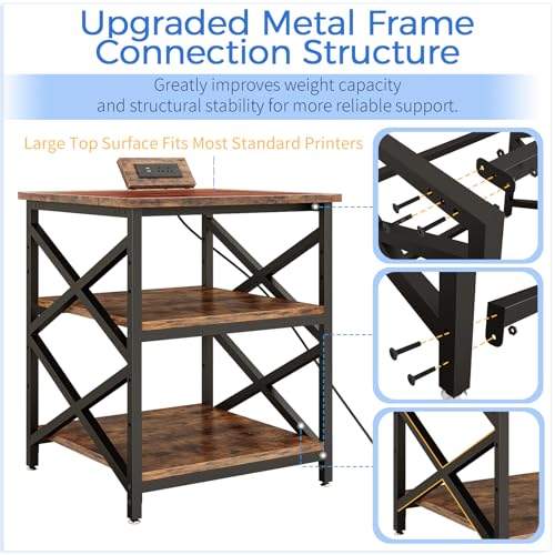 METYERRY 24"x23.6" Large Printer Stand with Power Outlet, 3 Tier Cart - color: Rustic Brown
