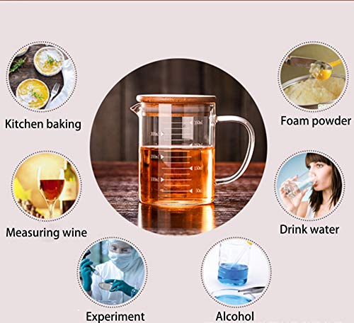 Graduated Beaker Mug with Handle and Durable Bamboo Lid Borosilicate Glass Multi-Function Food Grade Measuring Cup 350ML