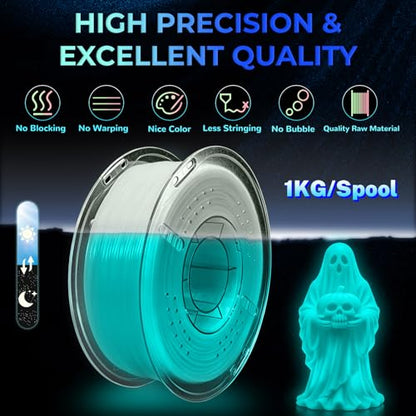Glow in The Dark PLA+ 3D Printer Filament 1.75mm, Stronger Lighting Effect & Long-Lasting Glow, Luminous Bright 3D Printing Filament for Most 3D Printer - 1kg Spool(Glow Bluegreen) - color: Blue-green