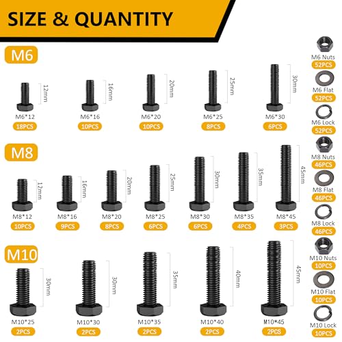 ZTF 432PCS Nuts and Bolts Assortment Kit, Grade 12.9 Nuts and Bolts M6x1.0 M8x1.25 M10x1.25 (12mm to 45mm), Heavt Duty Black Hex Bolts and Nuts Washers, Metric Bolt Assortment - color: Black