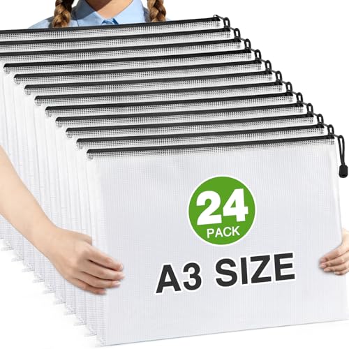 Umriox 24 Pack A3 Black Mesh Zipper Bags, Large Document Storage Pouches - color: Black 24pcs, A3
