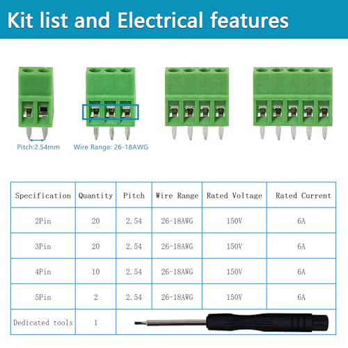 52PCS 2.54mm 0.1" Pitch PCB Mount Screw Terminal Block Connector, Minidodoca 2P 3P 4P 5P Terminals 150V 6A for 26-18AWG Cable，Equipped with Special Screwdriver - style: 52pcs Terminal Block Connector