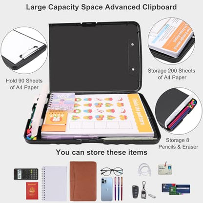 Clipboard with Storage, A4 Binder Nursing Clipboards with Pen Holder, Heavy Duty Storage Clipboards with Low Profile Clip, Clipboard Folder Side-Opening, Smooth Writing Clip Board (Dark Black) - color: Dark Black