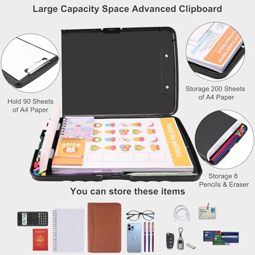 Clipboard with Storage, A4 Binder Nursing Clipboards with Pen Holder, Heavy Duty Storage Clipboards with Low Profile Clip, Clipboard Folder Side-Opening, Smooth Writing Clip Board (Dark Black) - color: Dark Black