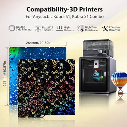 IdeaFormer-3D Sweetheart+Waterdrop PEH Build Plate 264x276mm, Flexible Smooth Kobra S1/X PEH Spring Steel Sheet Plate for Anycubic Kobra S1, Kobra S1 Combo, Kobra X 3D Printer Platform - color: PEH (Sweetheart+Waterdrop)