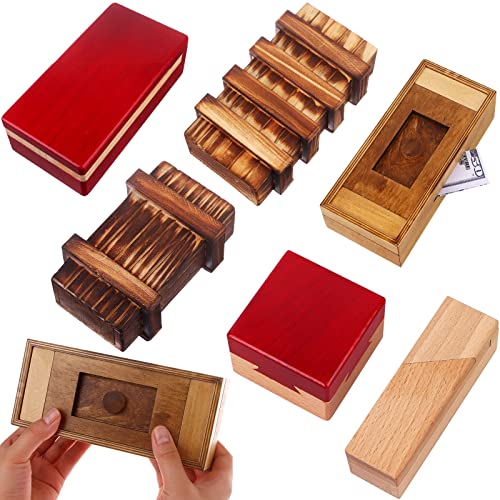 Puzzle Box 6 Pack Wooden Secret Puzzle Box with Hidden Compartment 3D Brain Teaser Magic Drawers Secret Magic Box Wooden Box Puzzle Case Difficult Puzz-l-e-s Box Gift Card for Adults and Kids - color: 6 Pieces