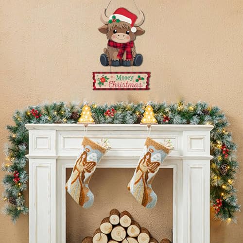 HLNIUC Mooey Christmas Wall Sign Cute Xmas Highland Cow Door Sign for Home - color: Christmas 2