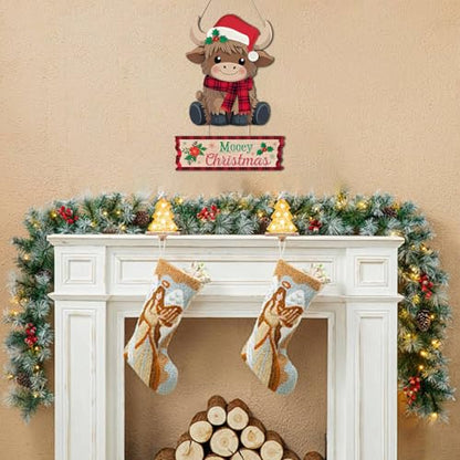 HLNIUC Mooey Christmas Wall Sign Cute Xmas Highland Cow Door Sign for Home - color: Christmas 2