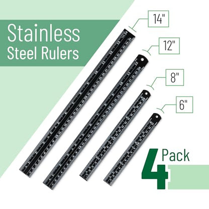 Mr. Pen- Metal Straight Edge Ruler, 4 pcs, 6", 8", 12", 14", Black - color: Black, size: 6, 8, 12, 14 inch