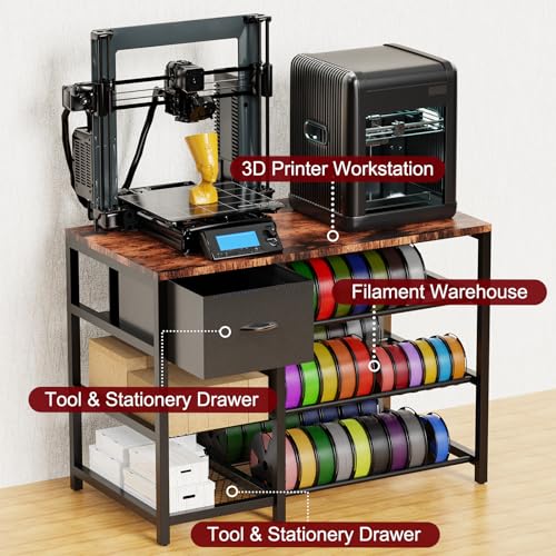 Frebomboo 3D Printer Filament Storage Rack, Versatile 3D Printer Stand Shelf with Drawer, Mobile 3-Tier Metal Filament Spool Holder, Perfect 3D Printer Cart Desk for Office Workshop Studio - style: Brown