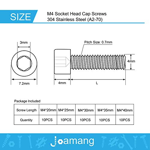 M4 x 20mm 25mm 30mm 35mm 40mm Socket Head Cap Screws Bolts, Stainless Steel 304, Metric Allen Hex Drive, Bright Finish, Fully Threaded, Assortment Kit 50PCS - size: Socket M4x20-40 mm