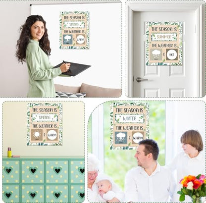 Eucalyptus Leaves Season and Weather Calendar Bulletin Board Season Calendar Posters with Weather Cards Hook and Loop Dots for Classroom Wall Decor Preschool Kindergarten Student Teacher Supplies - style: Eucalyptus Leaves