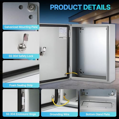 16x12x6 NEMA 4X Electrical Enclosure Metal Outdoor Enclosure Box - size: 16"H × 12"W × 6"D