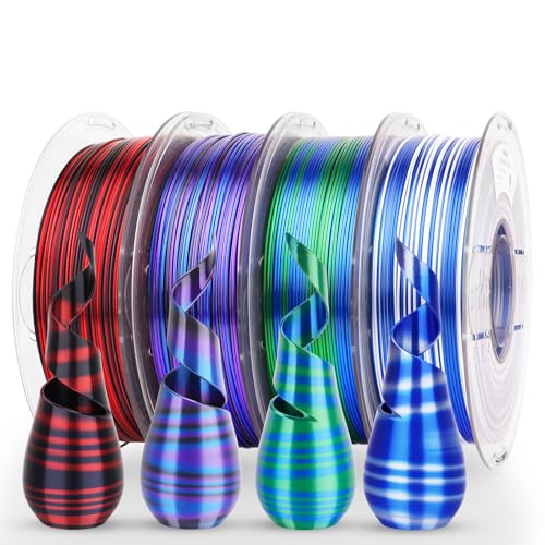 AMOLEN Silk PLA 3D Printer Filament Bundle, Shiny PLA Filament 1.75mm Multicolor Rainbow Pack, Fast Color Change PLA 3D Printing Filament for Most FDM 3D Printer, 1KG X 4 Spools - color: Black Red/Blue Silver/Green Blue/Blue Purple