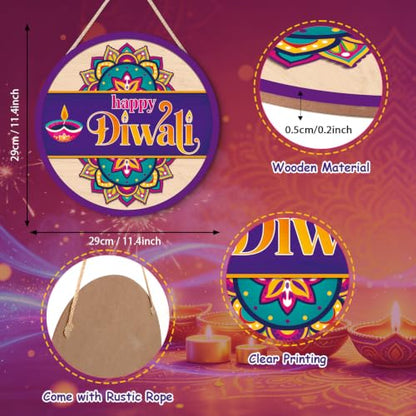 HLNIUC Happy Diwali Mandala Round Sign Diya Oil Lamp Wooden Door Hanger - color: Diwali 3