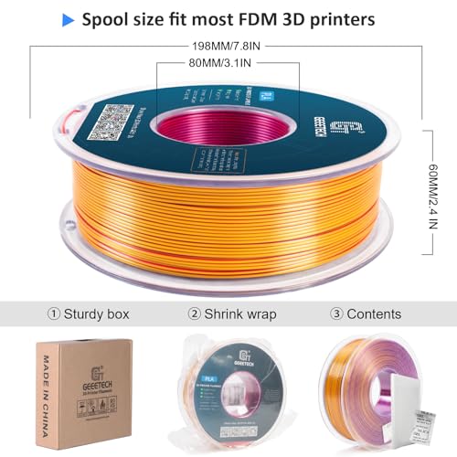 Geeetech Silk PLA Tri Color Filament 1.75mm 3D Printer Filament, Coextrusion Red Gold Purple Tri-Colors Metal-Like Shiny Silk PLA Filament, 1kg (2.2lbs) 1 Spool, Dimensional Accuracy +/- 0.02 mm - color: 1kg Triple Color Red-gold-purple