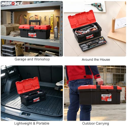 MAXPOWER 3-Pc Portable Plastic Tool Box Set 12" 16" 19", Lockable, Red - color: Red, size: 12" 16" 19"