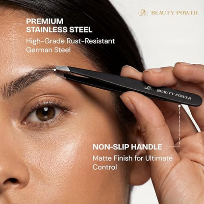 Beauty Power Tweezers for Women Facial Hair: Ultra Precision Tweezers for Women & Men, Sharp Slant Tweezer for Eyebrows, Ingrown Hair Removal. Professional Plucker, German Stainless Steel (Black) - color: Black
