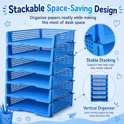 6 Pcs Blue Turn in Trays Classroom, Stackable Paper Bins for Classroom, 13x9x2.8 inch Plastic Baskets Desktop Organization System Office (Blue) - color: Blue