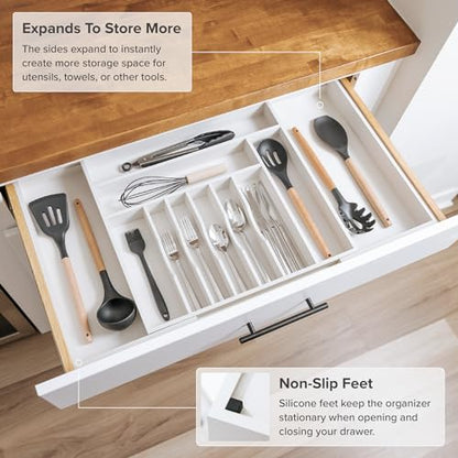 KitchenEdge Silverware & Utensil Organizer | White Bamboo, 18-33 In - color: White Bamboo, size: From 18" to 33" Wide
