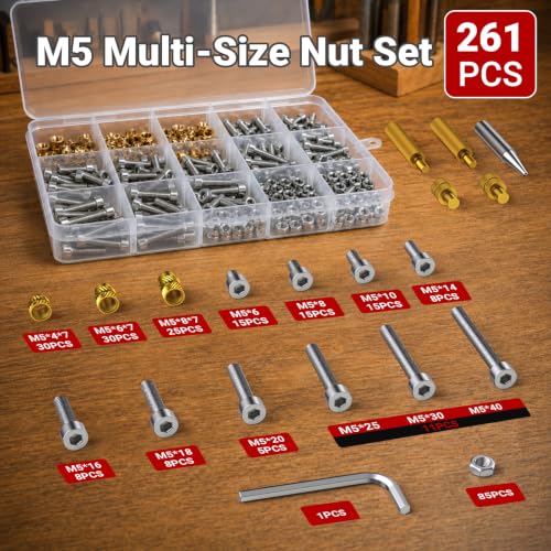 M5 Heat Set Insert Kit 261PCS Threaded Inserts 60W Soldering Iron, Heat Insert Tips, Nuts & Screws, Threaded Insert Installation Tool Set with Stand and Tweezers for 3D Printing - size: M5