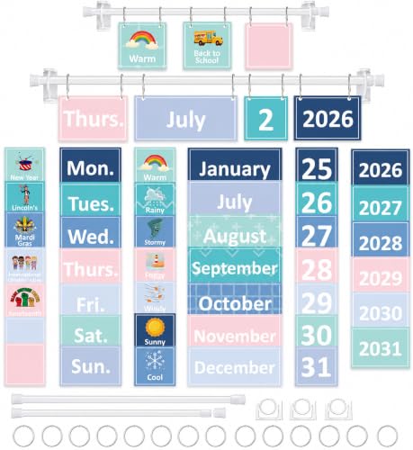 96 Cards Classroom Bulletin Board Decorations Set for Teachers,Flip Calendar with Holder for Classroom,Adjustable Calendar,Preschool Elementary Home Decor Supplies（Blue and Green） - style: Blue and Green
