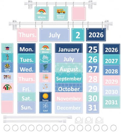 96 Cards Classroom Bulletin Board Decorations Set for Teachers,Flip Calendar with Holder for Classroom,Adjustable Calendar,Preschool Elementary Home Decor Supplies（Blue and Green） - style: Blue and Green