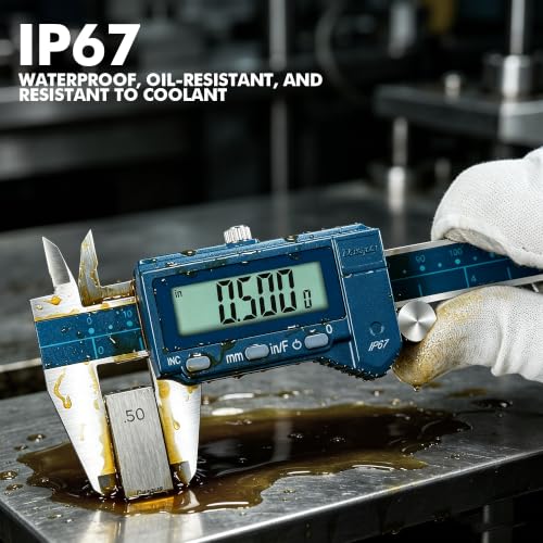 Dasqua 6”/150mm IP67 Absolute Origin Digital Caliper, Stainless Steel, Accuracy ±0.001”/0.02mm, Resolution 0.0005"/0.01mm/1/128, Water/Coolant/Dust Protection, in/mm/Fraction Conversion - color: Blue Case Cover, size: 6"/150mm