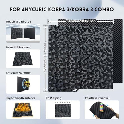 Smooth Diamond PEO+Carbon Fiber PET Spring Steel Plate for Anycubic Kobra 3, Double Sided Flexible PEO PET Build Plate 256x268mm for Kobra 3, Kobra 3 Combo 3D Printers - color: PEO PET (Diamond+Carbon Fiber)