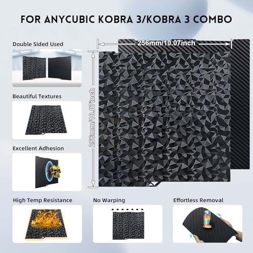 Smooth Diamond PEO+Carbon Fiber PET Spring Steel Plate for Anycubic Kobra 3, Double Sided Flexible PEO PET Build Plate 256x268mm for Kobra 3, Kobra 3 Combo 3D Printers - color: PEO PET (Diamond+Carbon Fiber)