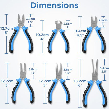 E•Werk - 6-Pc Mini Pliers Set - Linesman, Long Nose, Needle Nose, Bent Nose, Diagonal Cutting & Wire Cutters - Electrician Tool Kit w/Small Pouch - Use for Jewelry Craft & Electronic Repairs