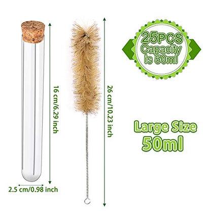 HNYYZL 25Pcs Clear Plastic Test Tubes with Cork Stoppers and 1 Brush, 25x160mm 50ml, Good Seal for Jewelry Seed Beads Powder Spice Liquid Storage, Lab Use or Decoration