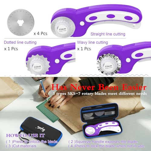 45mm Rotary Cutter | Rotary Fabric Cutter | Rotary Cutters for Sewing, Scrapbooking, Hobbies, DIY | A6 Cutting Mat, Storage Boxes, Precision Knives, Ruler, Spare Blades | Fabric Roller Cutter (Purple) - color: Purple