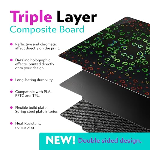 Cookiecad Cookie Sheet - Holographic 3D Printer Build Plate - Double Sided Reflective 3D Printer Bed, Flexible Spring Steel 3D Printer Platform (Chromatic Hearts, 235x235) - size: 235x235, style: Chromatic Hearts