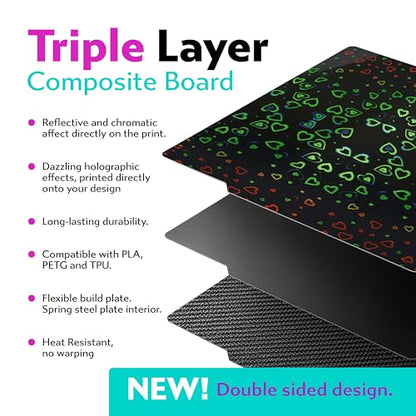 Cookiecad Cookie Sheet - Holographic 3D Printer Build Plate - Double Sided Reflective 3D Printer Bed, Flexible Spring Steel 3D Printer Platform (Chromatic Hearts, 235x235) - size: 235x235, style: Chromatic Hearts