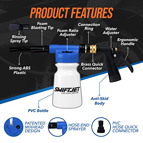 SwiftJet Car Wash Foam Gun + Wash Mitt - Works with Any Soap & Garden Hose - color: Blue Foam Gun with Mitt