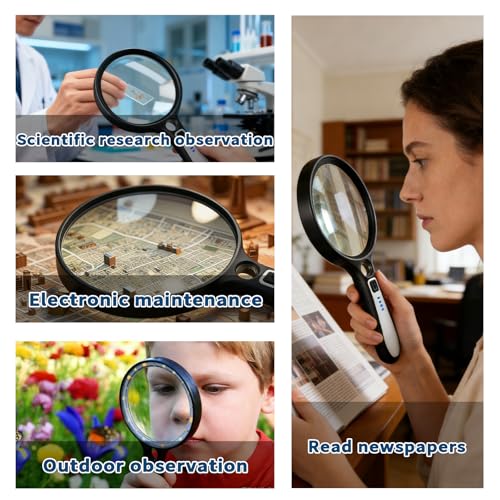 Large Magnifying Glass with Light, 5.1 Inch 10X Lens Rechargeable Magnifier - color: Black‑white