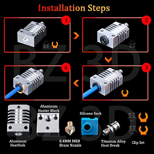 Ender 3 All Metal Hotend Upgrade Kit,Titanium Alloy Heatbreak,MK8 Brass Nozzle 0.4mm for 3D Printer Ender 3/V2/Pro/Max/Ender 5 /Pro/Plus/CR-10/10S/S4/S5 Hotend. - style: Brass Nozzle Kit