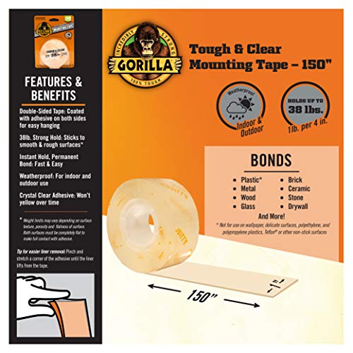 Gorilla Tough & Clear Double Sided Mounting Tape, Clear Tape, 1" x 150" - Weatherproof for Indoor or Outdoor | (Pack of 12) - size: 12 - Pack
